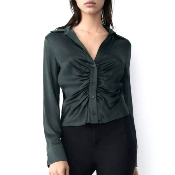ZARA Blouse Women's XL‎ Olive Green V-Neck Long Sleeve Button-Up Ruched - Picture 1 of 7